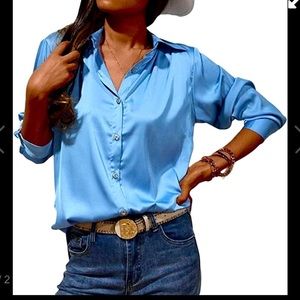 Women’s Satin Button Down Blouse-Size Medium